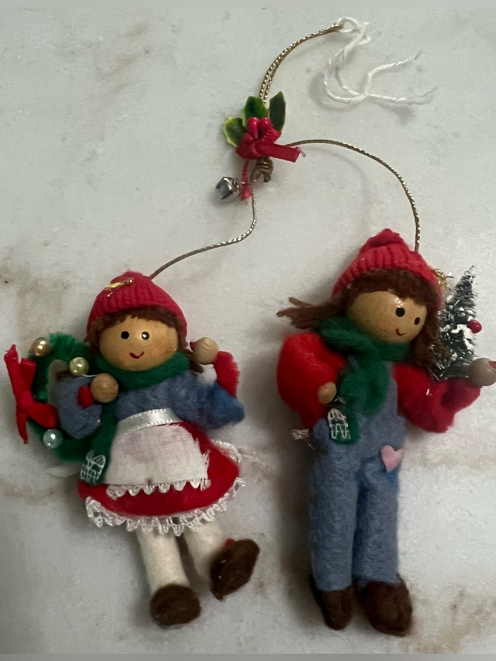 Festive Red & Green Holiday Doll Ornaments - Pair